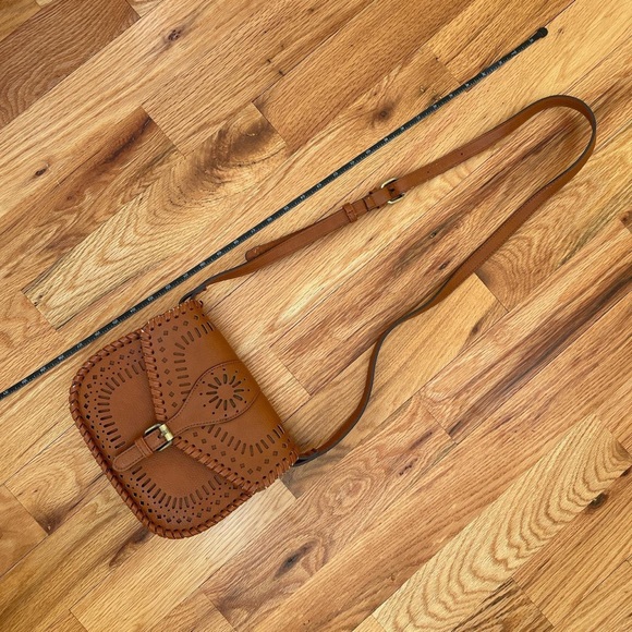 Sole Society cognac crossbody purse with perforated design on front & flap - Picture 2 of 4